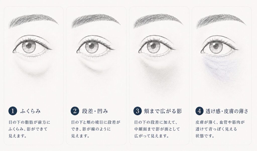 目の下のクマの4つの見え方。ふくらみ、段差・凹み、頬まで広がる影、透け感・皮膚の薄さを示した図解