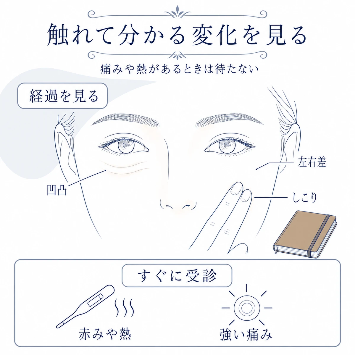 脂肪注入後の凹凸、左右差、しこりと、赤みや熱など早めの受診が必要な症状を分けた図