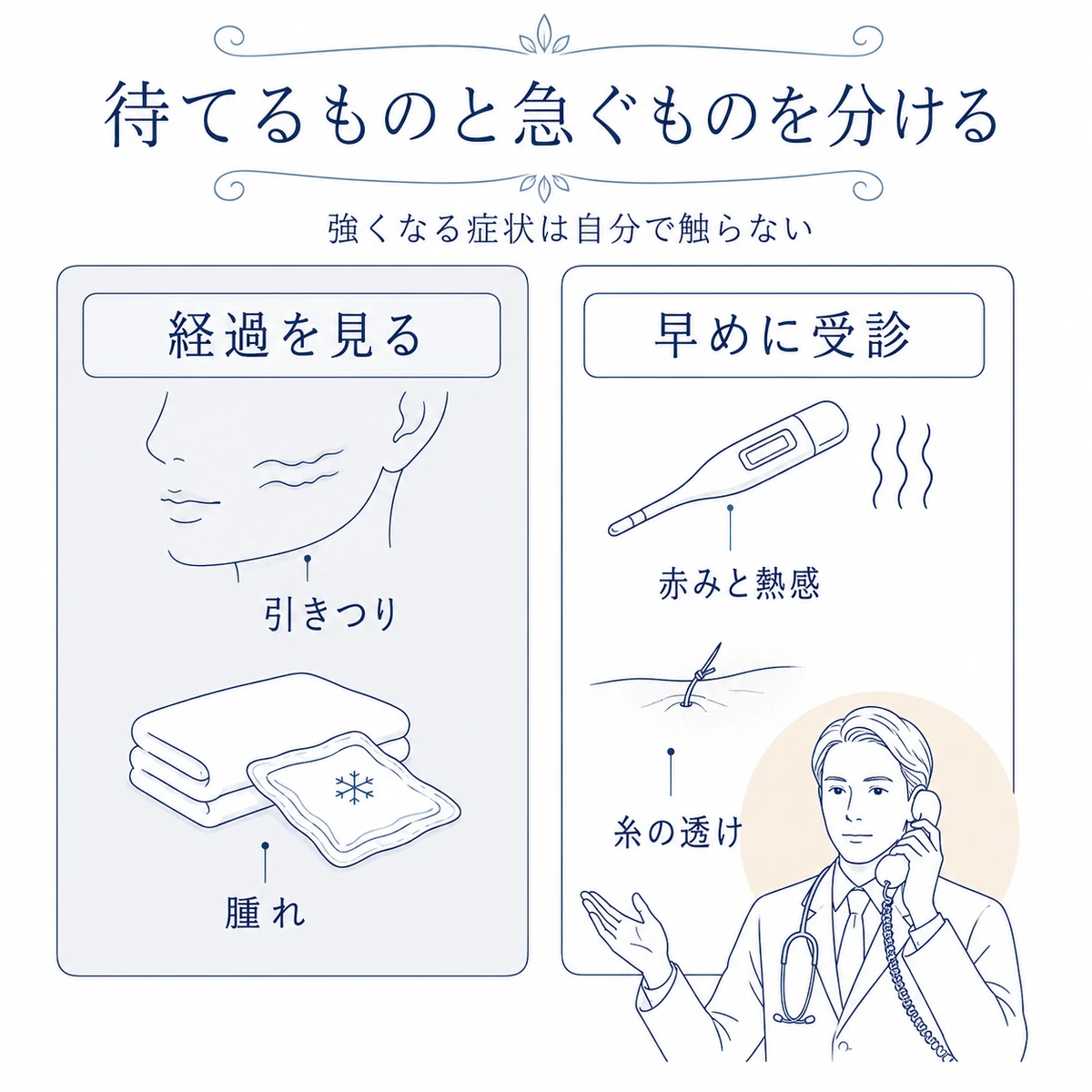 引きつりや腫れは経過を見て、赤みや熱感、糸の透けは早めに受診する判断を分けた図